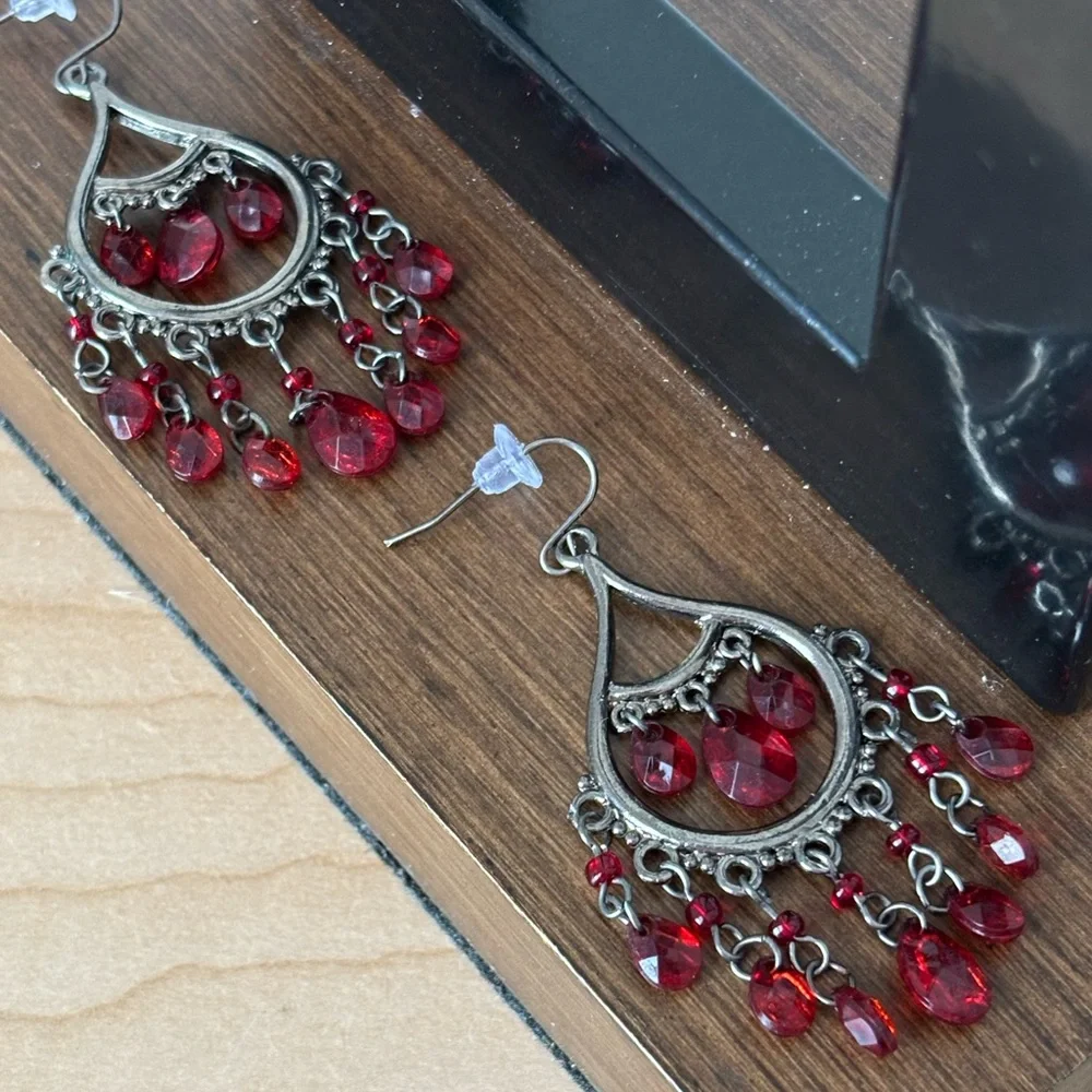 Crimson Red Chandelier Earrings with Teardrop Beads / silver tone wires - Picture 5 of 7